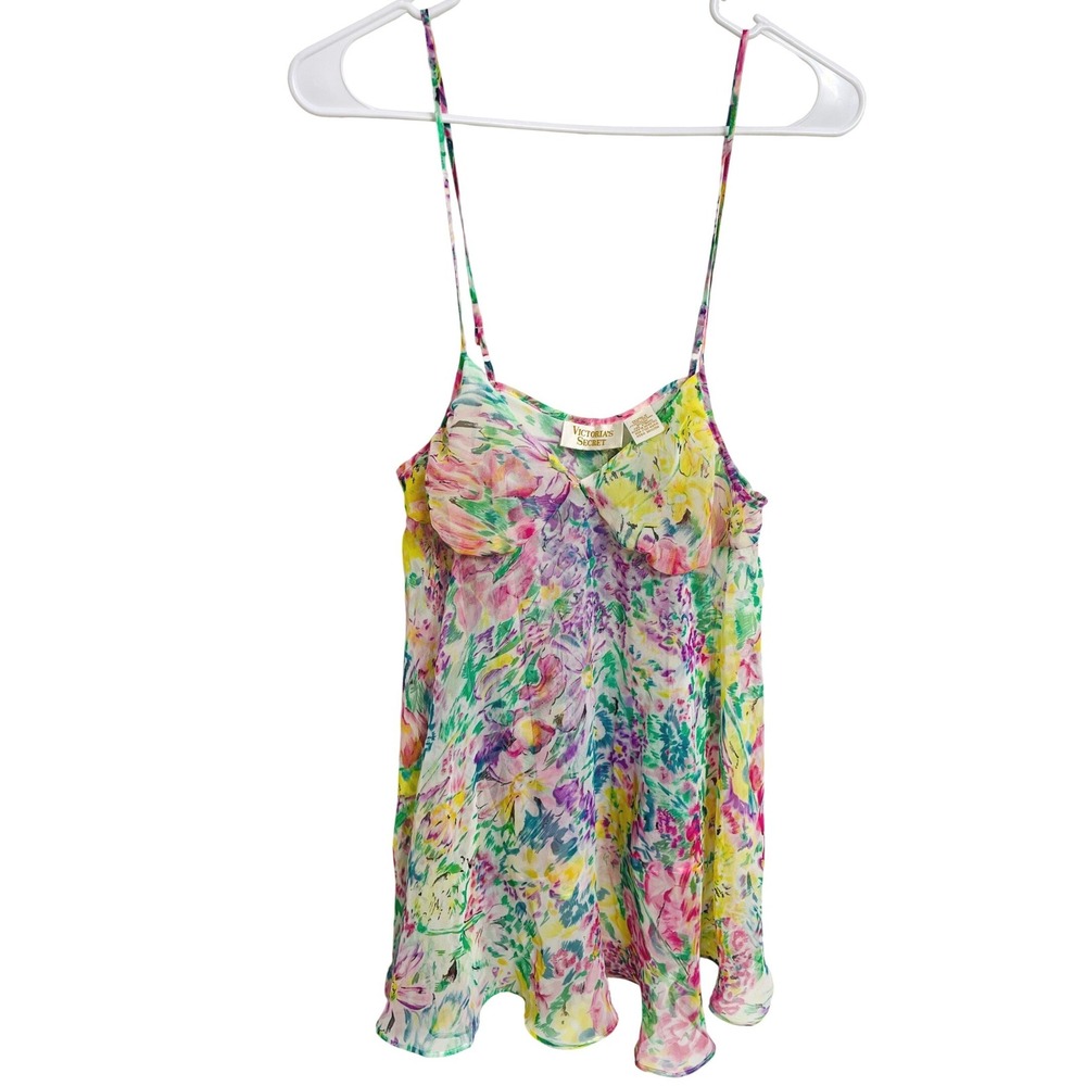 Vintage 90s Victoria's Secret Gold Label Floral Chiffon Babydoll Slip Dress M